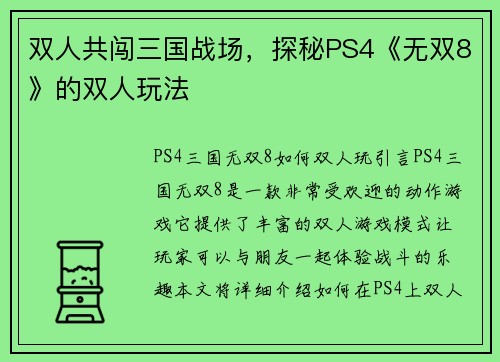 双人共闯三国战场，探秘PS4《无双8》的双人玩法